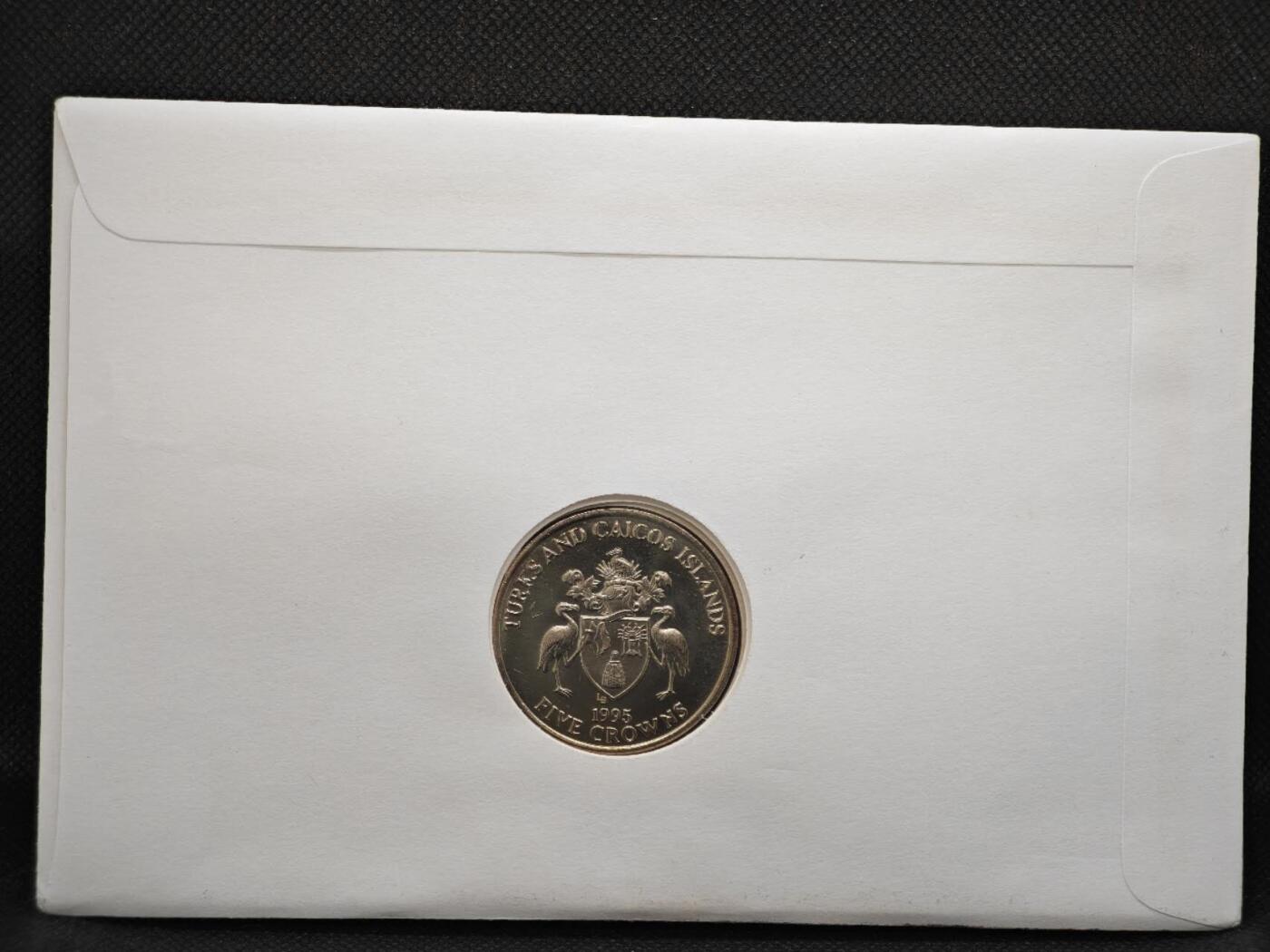 【淘币小摊】限时拍第八百零七拍  克朗币邮币封场  满百包邮可预留两周  周一统一发货   特克斯凯科斯1995年二战胜利50周年5克朗纪念币邮币封