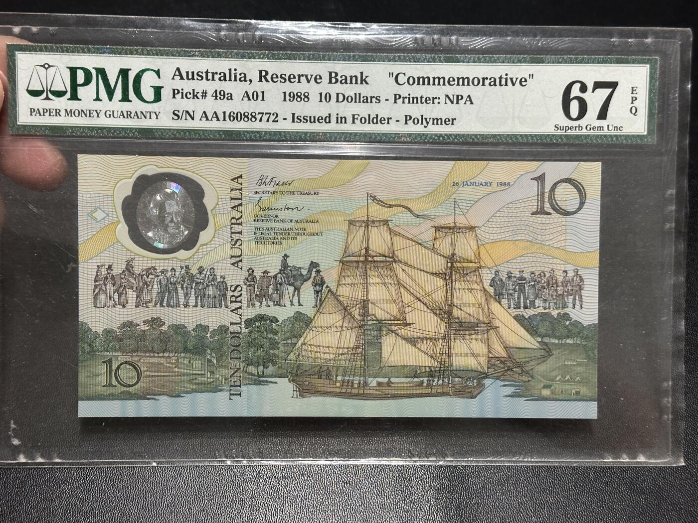 《外钞收藏家》第五百八十七期（精选场）（本平台长期征集拍品、欢迎藏友们联系合作） 1988年澳大利亚 塑料钞 10元 PMG67 纪念钞