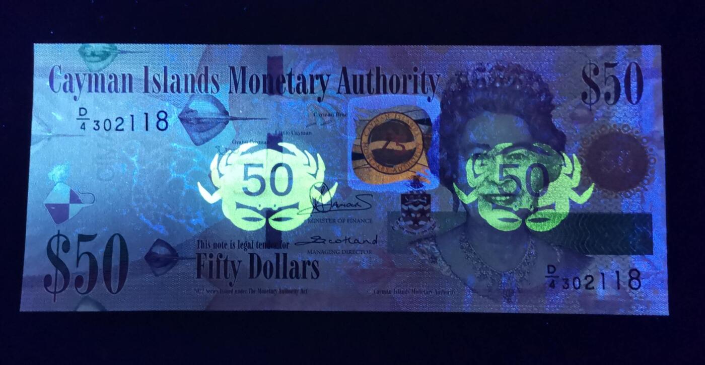 《艾美收藏》第221期-11.23周日黄金场精品荟萃 开曼群岛2023年D4冠50元UNC-荧光 尾8 金融管理局25周年纪念钞