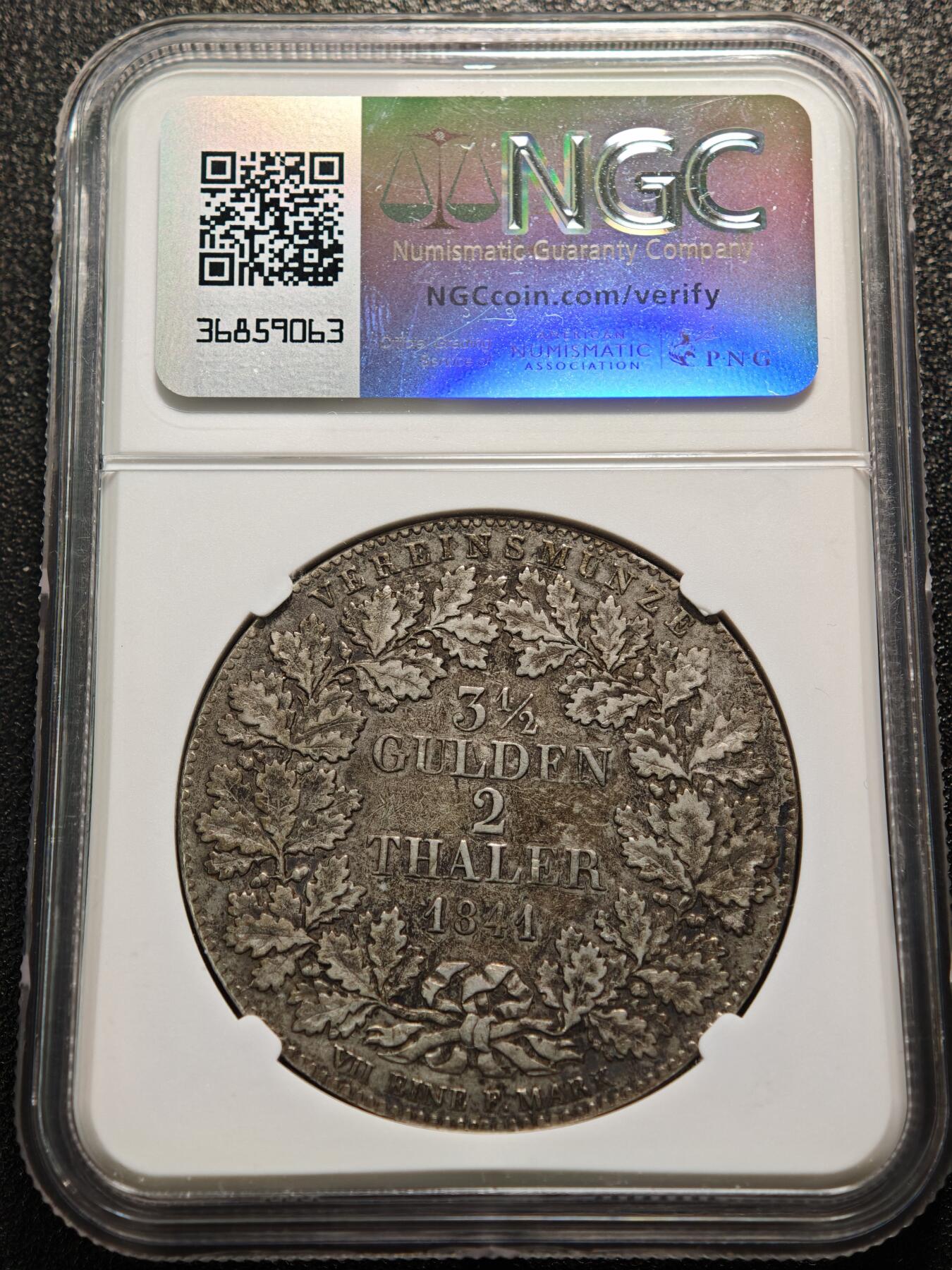 【德藏】世界币章拍卖第154期（拍品征集中~欢迎藏友联系） 1841年 德国法兰克福城市景观2泰勒银币 NGC XF40 原味包浆 热门经典品种 