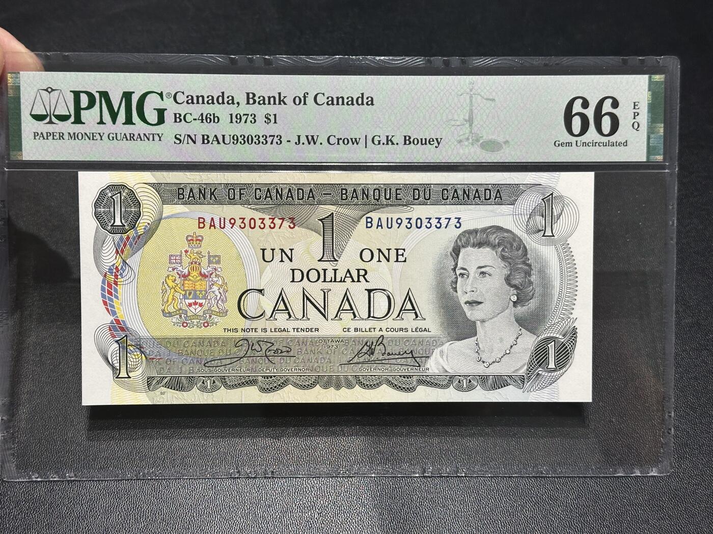 《外钞收藏家》第五百八十七期（精选场）（本平台长期征集拍品、欢迎藏友们联系合作） 1973年加拿大1加元 PMG66