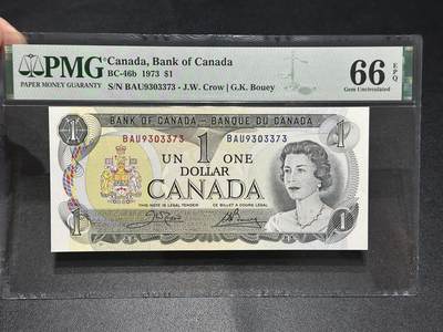 《外钞收藏家》第五百八十七期（精选场）（本平台长期征集拍品、欢迎藏友们联系合作） - 1973年加拿大1加元 PMG66
