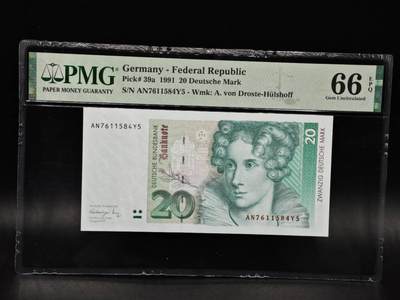 【淘币小摊】限时拍第八百零五拍  纸币场  满百包邮可预留两周  周一统一发货  - 德国1991年20马克纸币 PMG 66