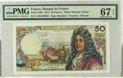 《艾美收藏》第221期-11.23周日黄金场精品荟萃 - 法国1975年50法郎PMG67E亚军分无4 冠军68分仅5张 法国剧作家拉辛 Pick#148e