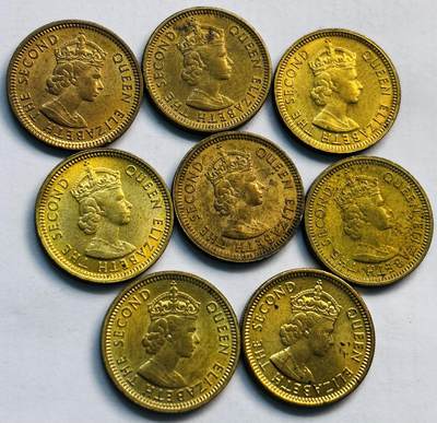 文馨钱币收藏第 282 场，【 长期接收代拍品】，加拿大老铜代用币，银币，德三系列场 - 原铜光品相英属香港时期女王 5 仙铜币 8 枚，铜光闪闪