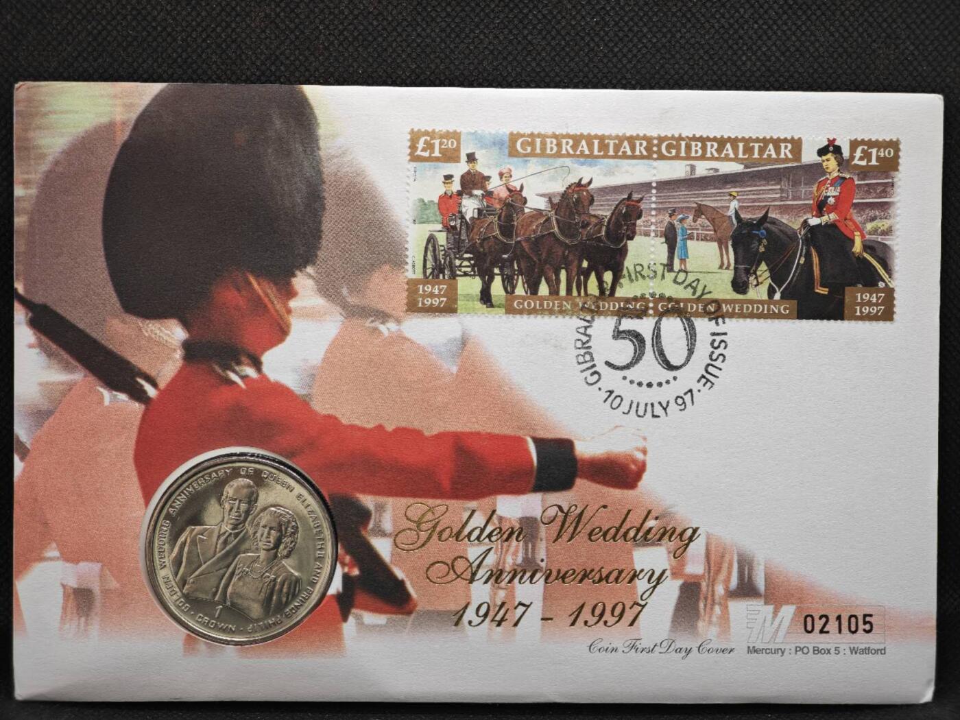 【淘币小摊】限时拍第八百零七拍  克朗币邮币封场  满百包邮可预留两周  周一统一发货    直布罗陀1997年女王金婚克朗纪念币邮币封