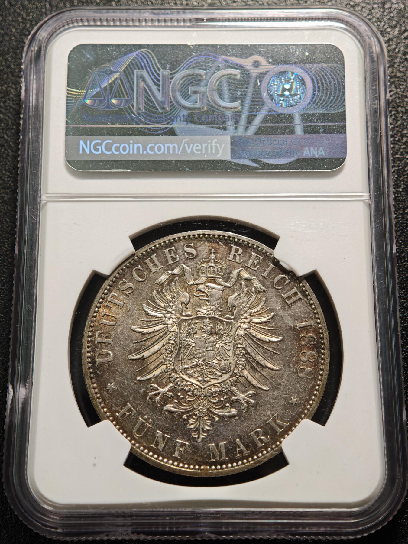 【德藏】世界币章拍卖第154期（拍品征集中~欢迎藏友联系） 1888年 德国普鲁士弗里德里希三世弗三短翅鹰5马克银币 NGC UNC 原味包浆 很出彩有老洗