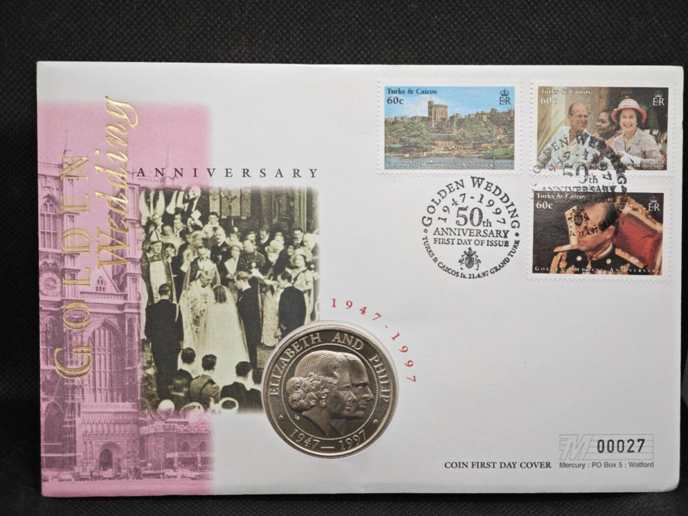 【淘币小摊】限时拍第八百零七拍  克朗币邮币封场  满百包邮可预留两周  周一统一发货   特克斯凯科斯1997年女王金婚5克朗纪念币邮币封