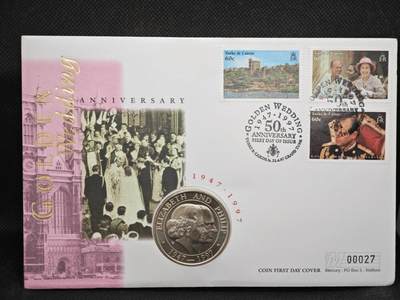 【淘币小摊】限时拍第八百零七拍  克朗币邮币封场  满百包邮可预留两周  周一统一发货  -  特克斯凯科斯1997年女王金婚5克朗纪念币邮币封