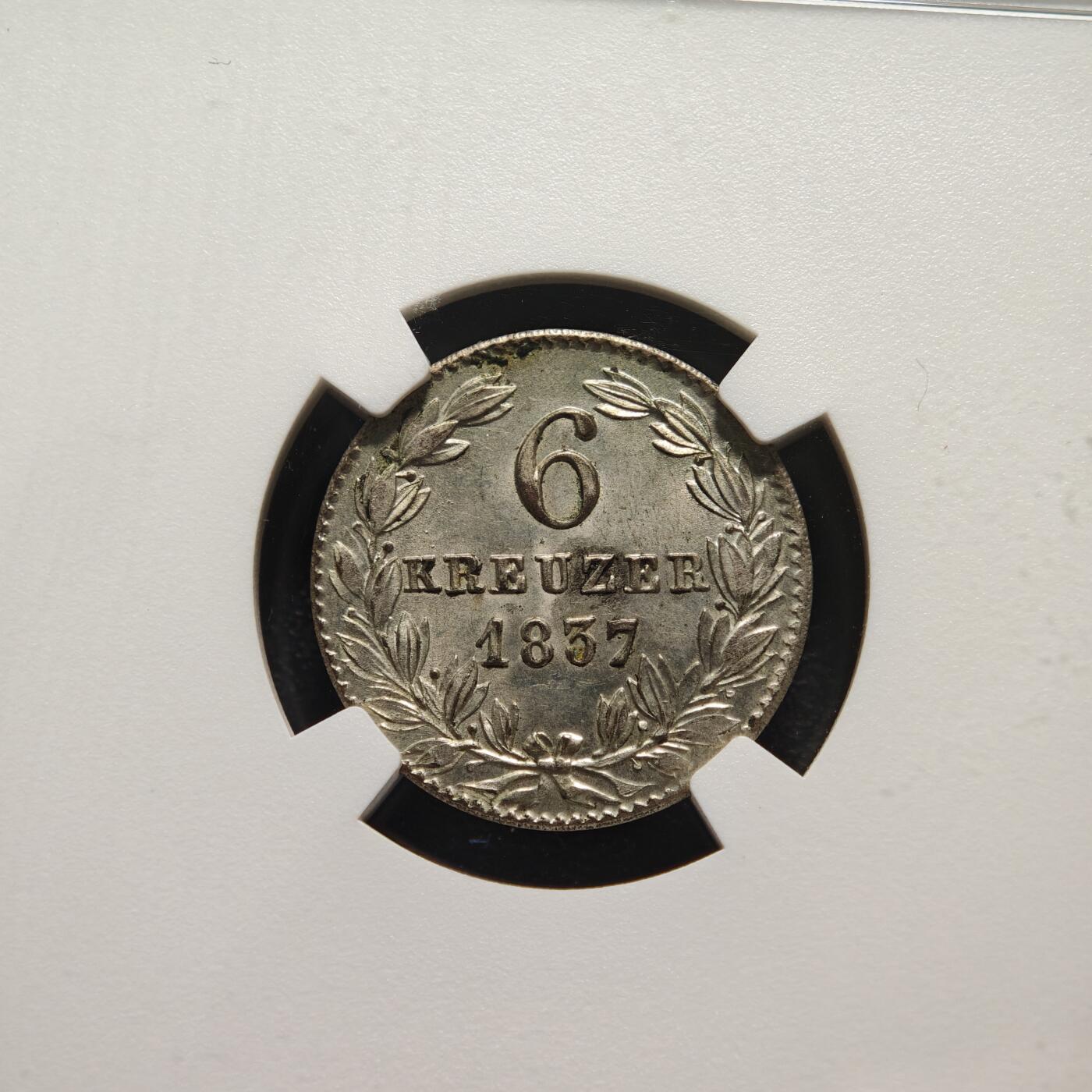 【德藏】世界币章拍卖第154期（拍品征集中~欢迎藏友联系） 1837年 德国拿骚6克洛泽银币 NGC MS65 顶级原光Gem Bu好品好状态