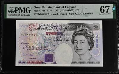 《艾美收藏》第221期-11.23周日黄金场精品荟萃 - 英国E序列初版1991-93年20镑PMG67E亚军分倒置号691891 皇冠版Kentfield二签Pick#384b 冠军68分仅3张