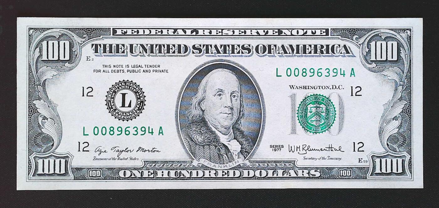 世界靓号纸钞第七十八期 1977年美国100美元 小头美元 品相如图 全新UNC