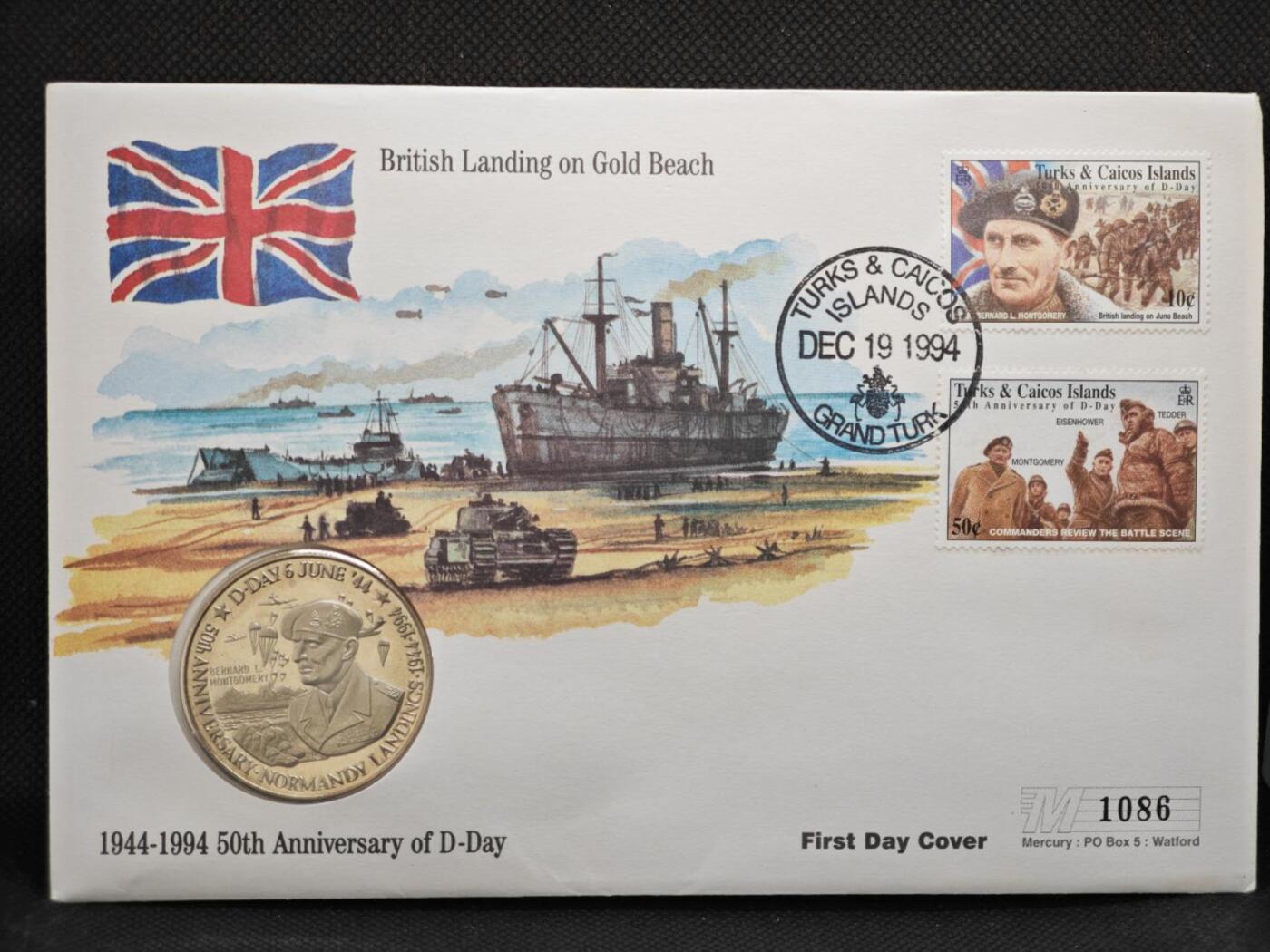 【淘币小摊】限时拍第八百零七拍  克朗币邮币封场  满百包邮可预留两周  周一统一发货    特克斯凯科斯1994年诺曼底登陆50周年5克朗纪念币邮币封 