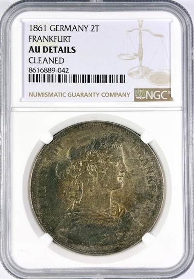 【雨安】【直播拍卖】【世界币章116期-评级币】2025-11-22 周六 19:30 保真 - [评级德国] Germany 德国 德意志 2泰勒 Frankfurt法兰克福 Thun.145 KM#0365 (1860-1866) 法兰克福少女 1861年  NGC-AU