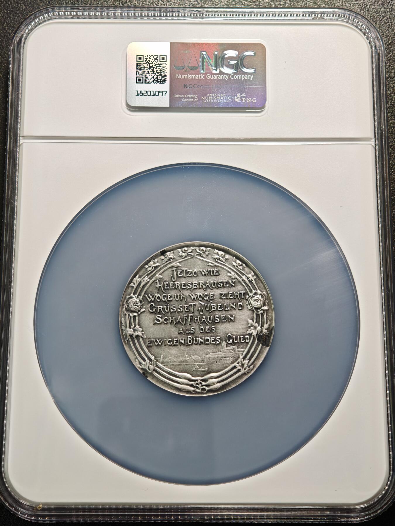 【德藏】世界币章拍卖第154期（拍品征集中~欢迎藏友联系） 1901年 瑞士沙夫豪森加入瑞士联邦400周年纪念大银章 48mm NGC UNC 设计细节丰富 立体空间感极强