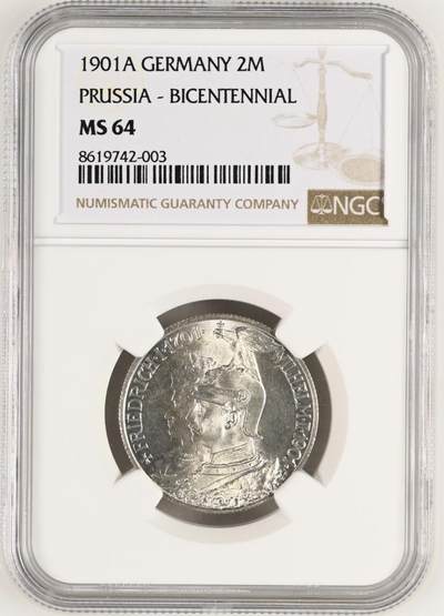 【德藏】世界币章拍卖第154期（拍品征集中~欢迎藏友联系） - 1901年 德国普鲁士建国200周年2马克银币 NGC MS64 顶级品相状态 原光十足