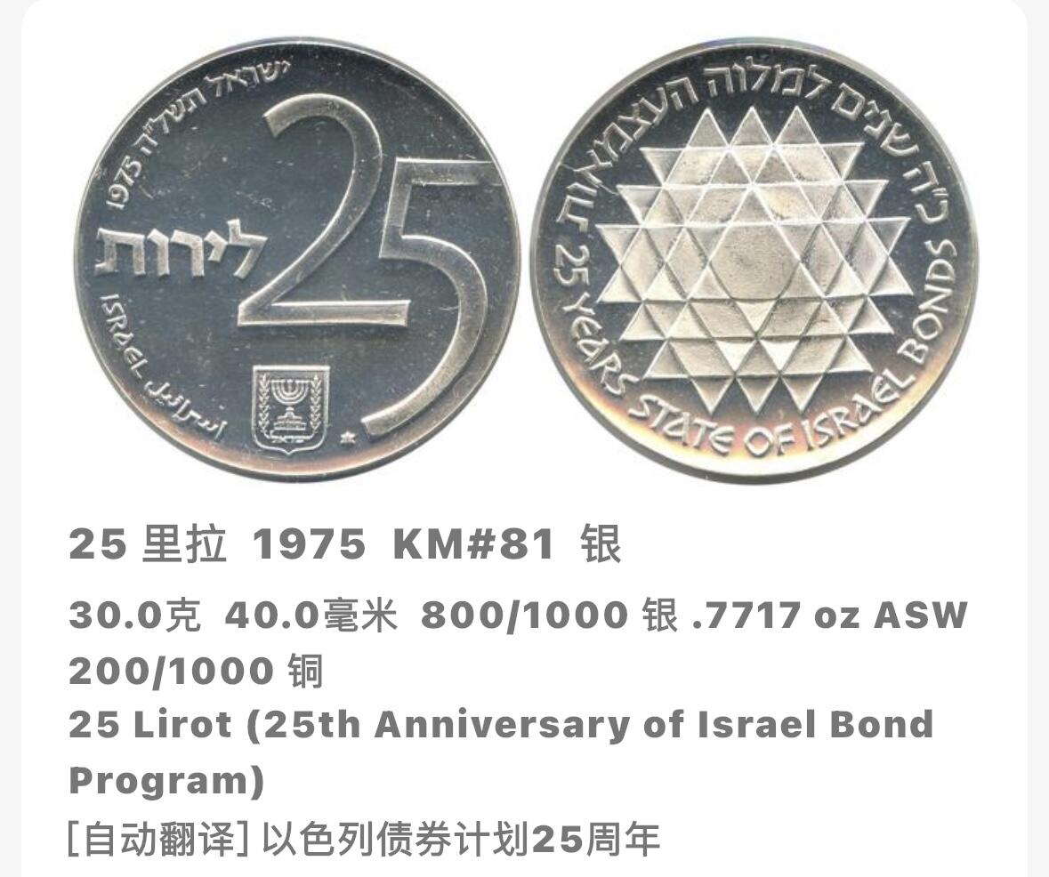 文馨钱币收藏第 282 场，【 长期接收代拍品】，加拿大老铜代用币，银币，德三系列场 全新 1975 年以色列 25 里拉精制大银币