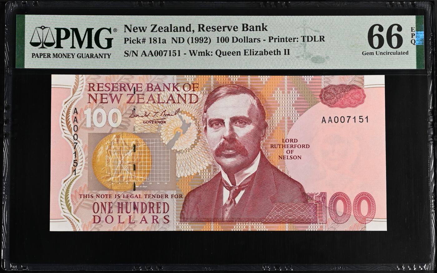 《艾美收藏》第221期-11.23周日黄金场精品荟萃 新西兰1992首发年首发AA冠100元最高值PMG66E千位7151号 欧内斯特·卢瑟福 诺贝尔化学奖获得者 Pick#181a