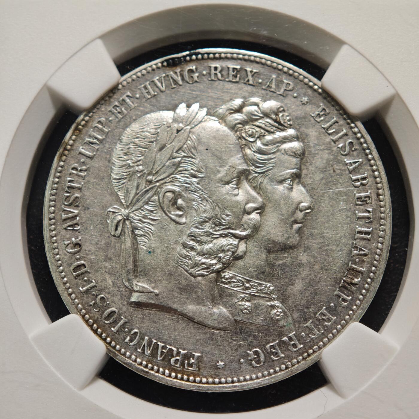 【德藏】世界币章拍卖第154期（拍品征集中~欢迎藏友联系） 1879年 奥地利弗朗茨约瑟夫与茜茜公主结婚纪念2弗洛林银币 NGC UNC 细节不错 热门品种