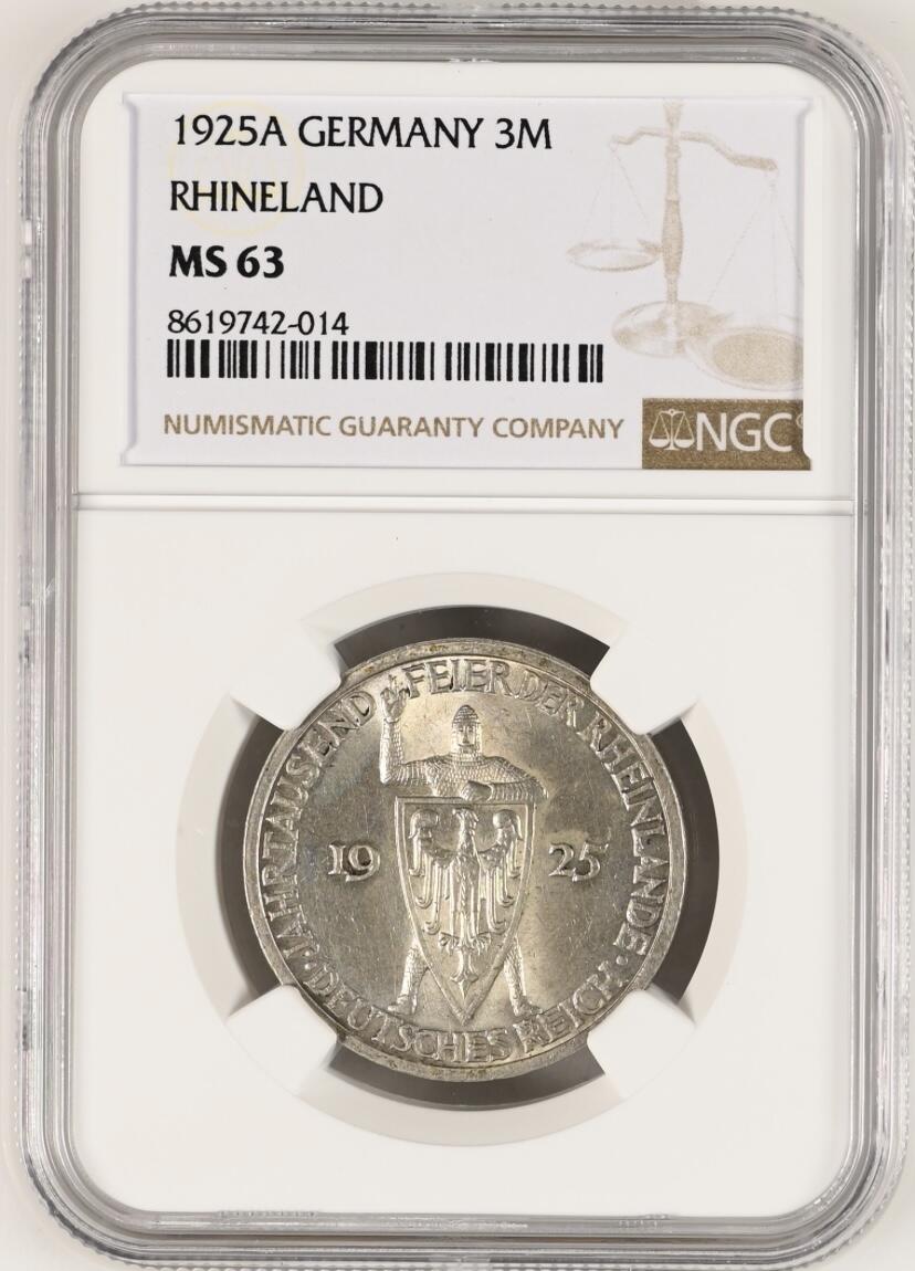 【德藏】世界币章拍卖第154期（拍品征集中~欢迎藏友联系） 1925年 德国魏玛共和国莱茵千年3马克银币 NGC MS63 原光好品好状态