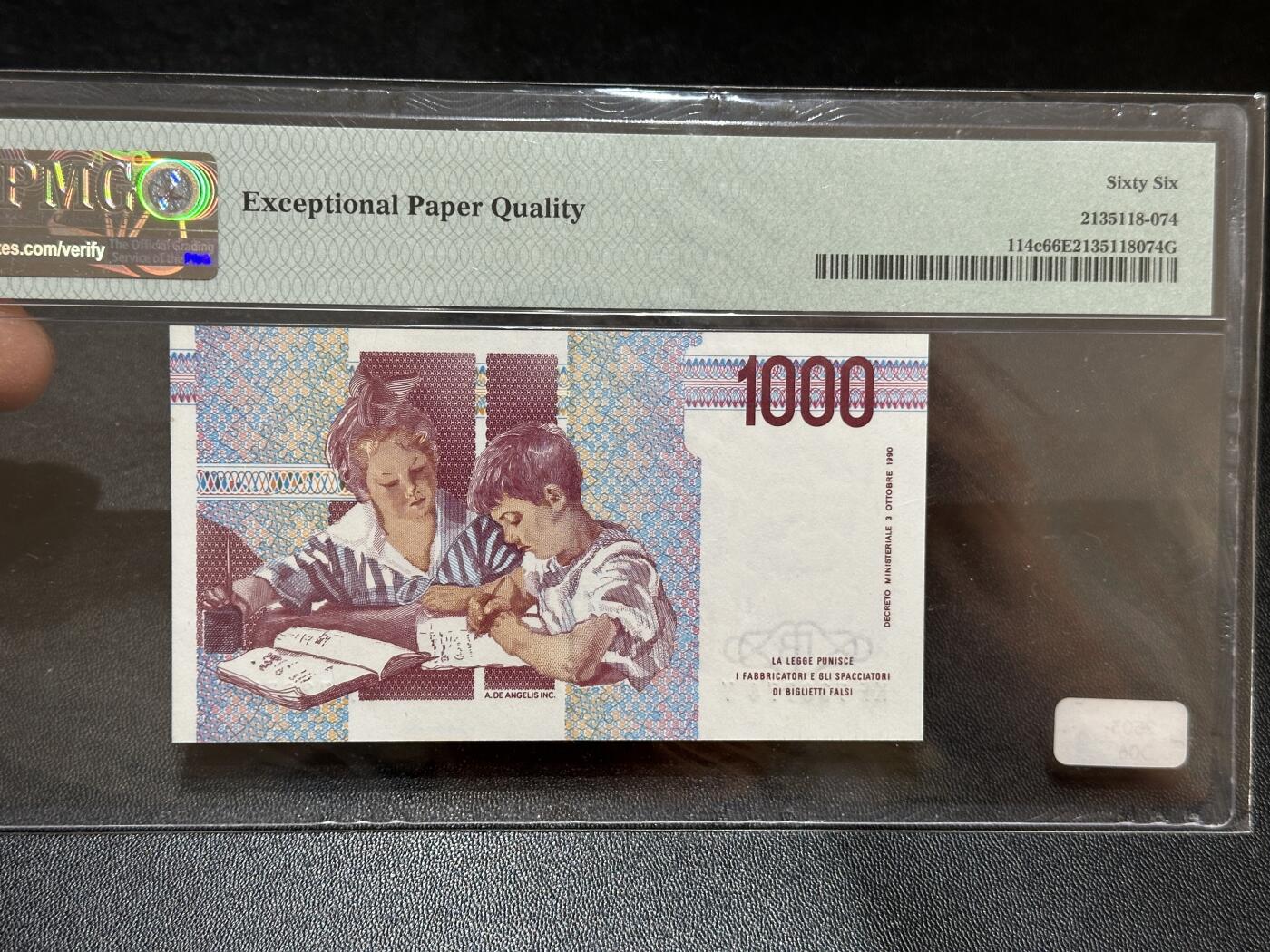 《外钞收藏家》第五百八十七期（精选场）（本平台长期征集拍品、欢迎藏友们联系合作） 1990年意大利1000里拉 PMG66