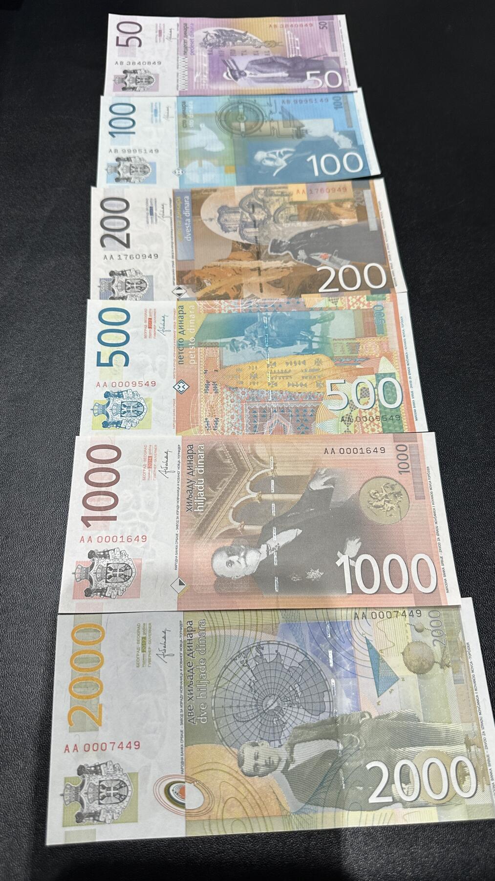 《外钞收藏家》第五百八十七期（精选场）（本平台长期征集拍品、欢迎藏友们联系合作） 2014年塞尔维亚50-2000第纳尔 六张一起 全新UNC 尾两同49 有4张是千位号 AA冠