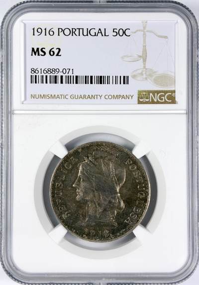 【雨安】【直播拍卖】【世界币章116期-评级币】2025-11-22 周六 19:30 保真 - [评级欧洲] Portugal 葡萄牙 共和国 50分 1916年  NGC-MS62