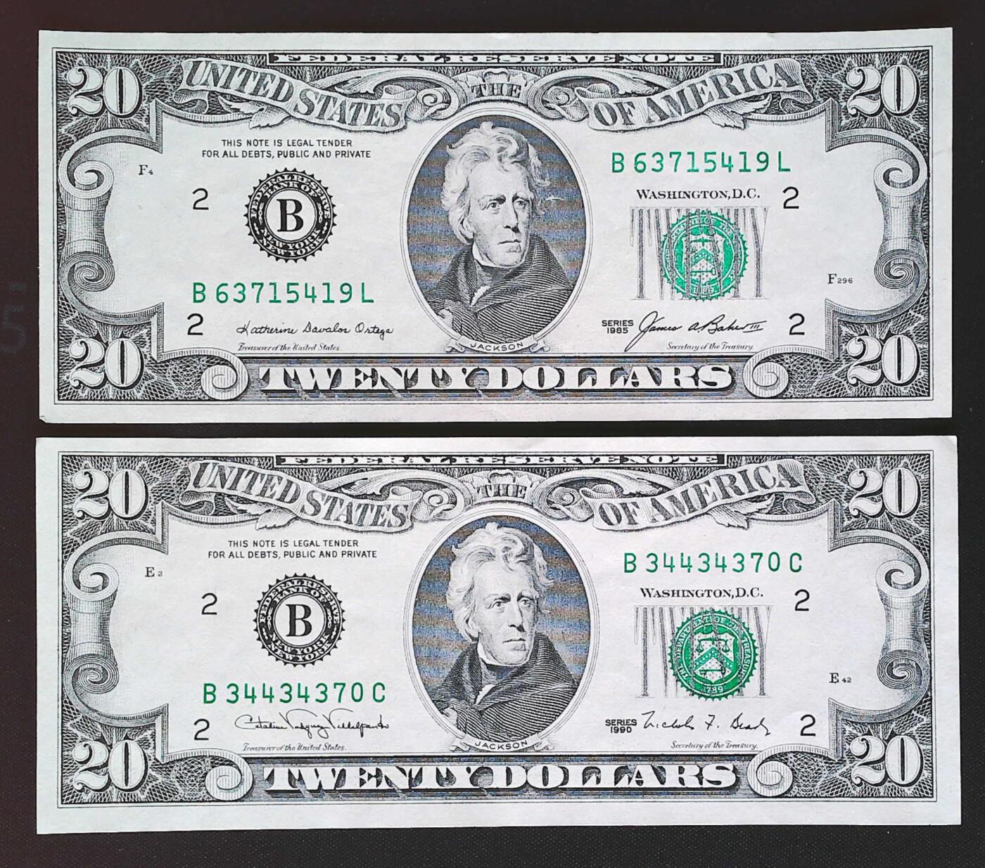 世界靓号纸钞第七十八期 1985-1990年美国20美元 小头美元 品相如图