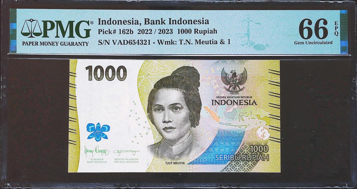 世界靓号纸钞第七十八期 2023年印度尼西亚1000卢比 倒顺子号654321 PMG66