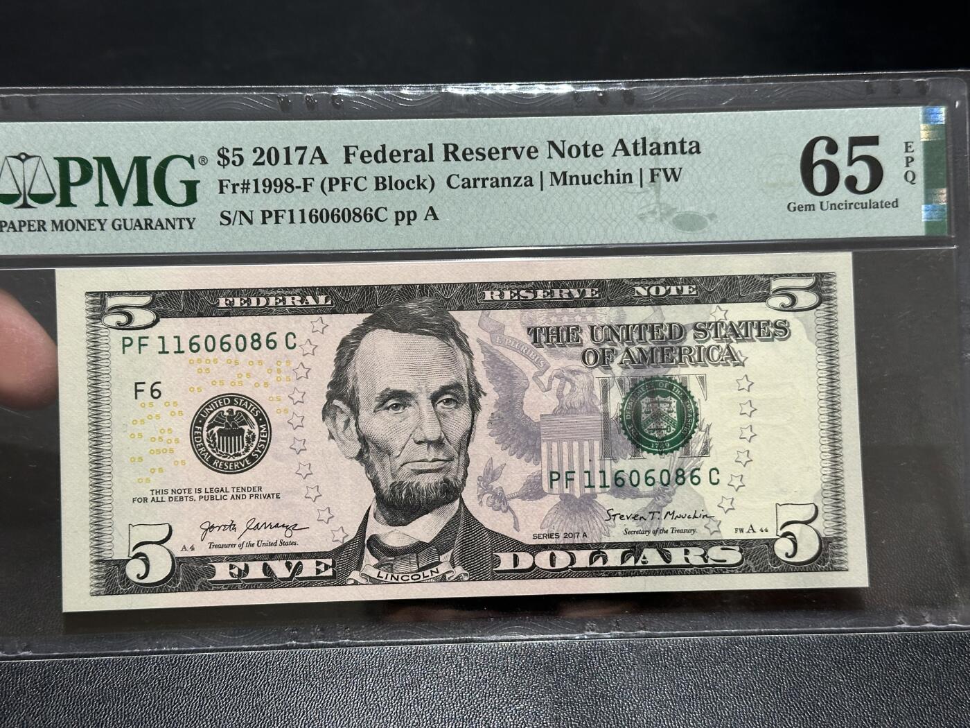 《外钞收藏家》第五百八十七期（精选场）（本平台长期征集拍品、欢迎藏友们联系合作） 2017年美国彩版5美元 倒置号 PMG65