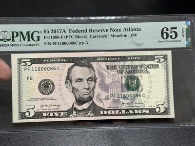 《外钞收藏家》第五百八十七期（精选场）（本平台长期征集拍品、欢迎藏友们联系合作） - 2017年美国彩版5美元 倒置号 PMG65