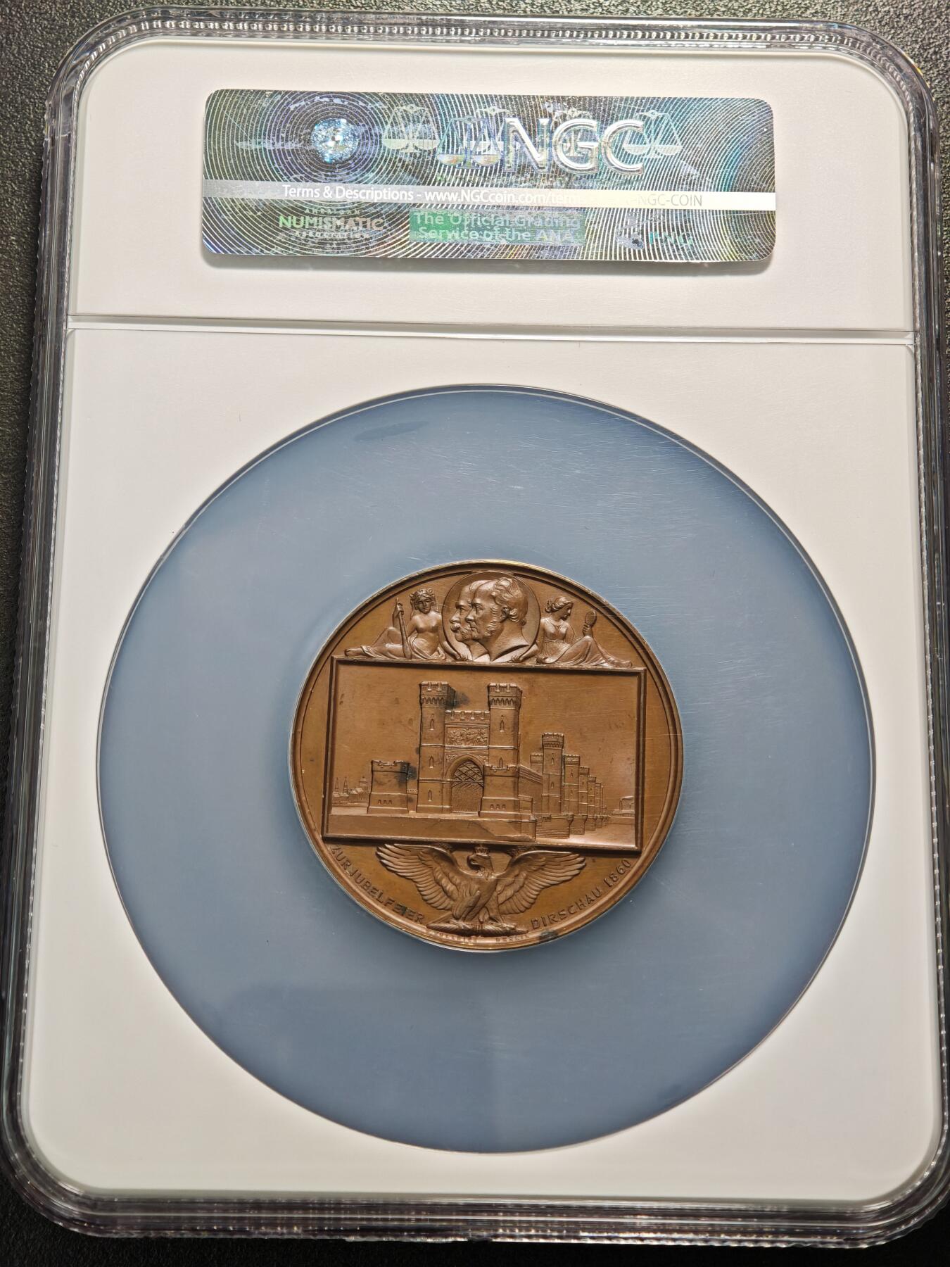 【德藏】世界币章拍卖第154期（拍品征集中~欢迎藏友联系） 1860年 德国普鲁士特切夫铁路大桥落成暨建市600周年纪念大铜章 51mm NGC MS63 设计精美大气 品相状态一流