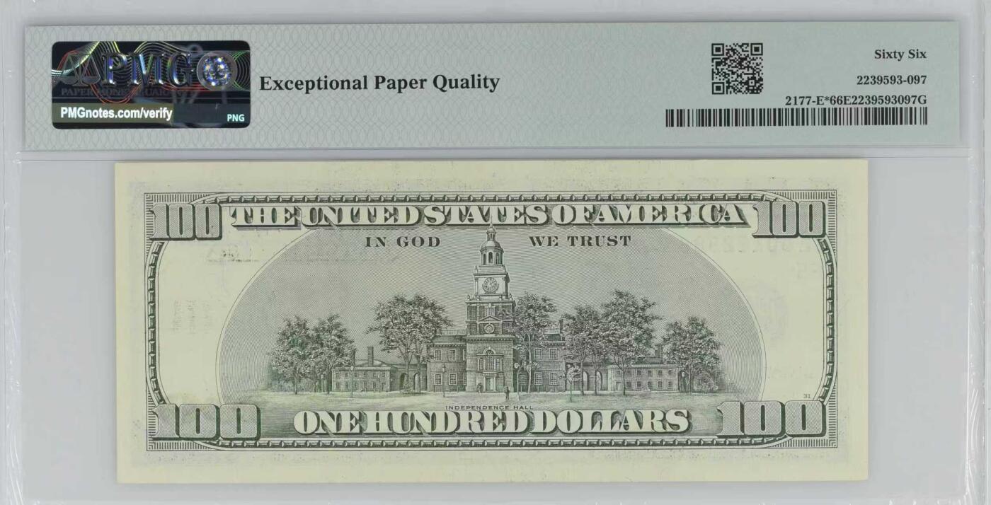 《外钞收藏家》第五百八十七期（精选场）（本平台长期征集拍品、欢迎藏友们联系合作） 2001年 大头版 100美元 星补号 无3457 尾88 PMG66EPQ