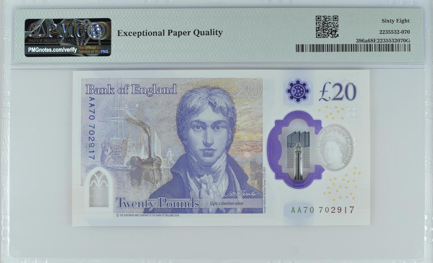 《艾美收藏》第221期-11.23周日黄金场精品荟萃 英国2018年AA冠20镑PMG68E高分无4，英国水彩之父约瑟夫·马洛德·威廉·透纳 以善于描绘光与空气的微妙关系而闻名于世 Pick#396a