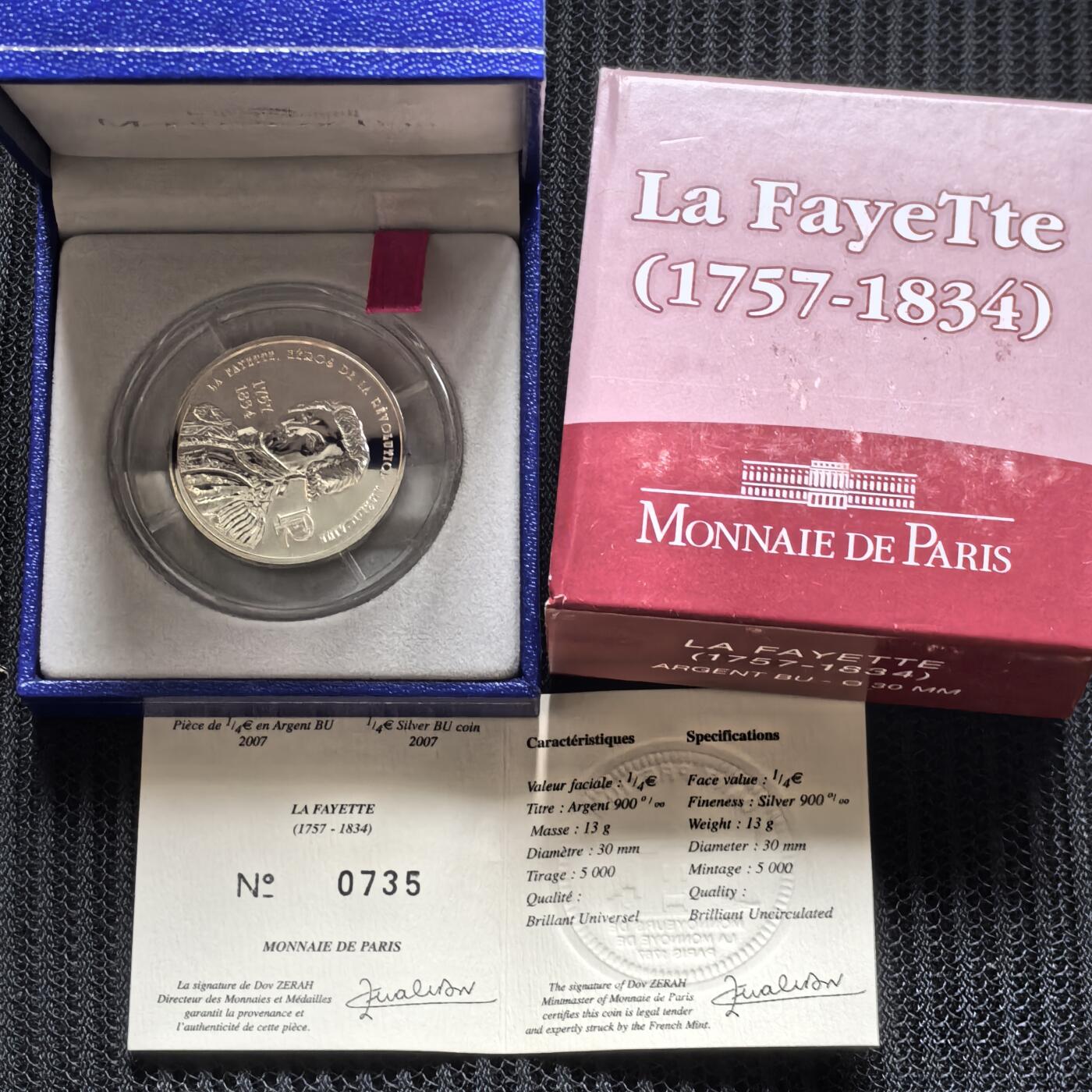 道一币馆币章第一百五十六场 原盒证 法国2007年拉法耶特将军逝世250周年1/4欧元银币