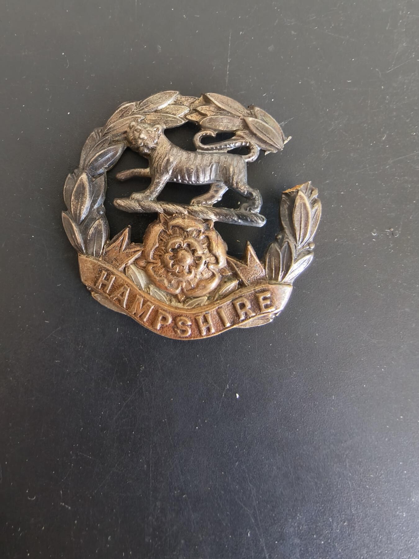 老王徽章第165期 英国汉普郡步兵团帽徽    一战时期    背杆损坏