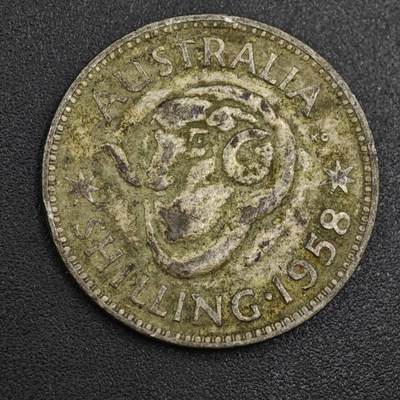 【淘币小摊】实时拍第八百零四拍   散币银币场   满百包邮可预留二周 每周一统一发货   - 澳大利亚1958年伊丽莎白二世一先令银币
