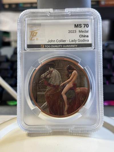 第182期拍卖 - 戈黛娃夫人铜章TQG-MS70盒证全 .26.3克，999铜，最大发行量500枚