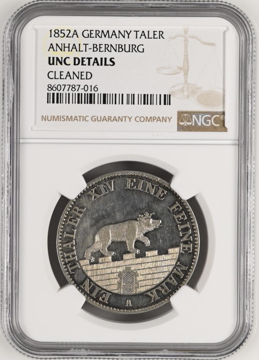 【德藏】世界币章拍卖第154期（拍品征集中~欢迎藏友联系） 1852年 德国安哈特小熊爬墙泰勒银币 NGC UNC 高点不错 细节很好 比较可惜没有出分