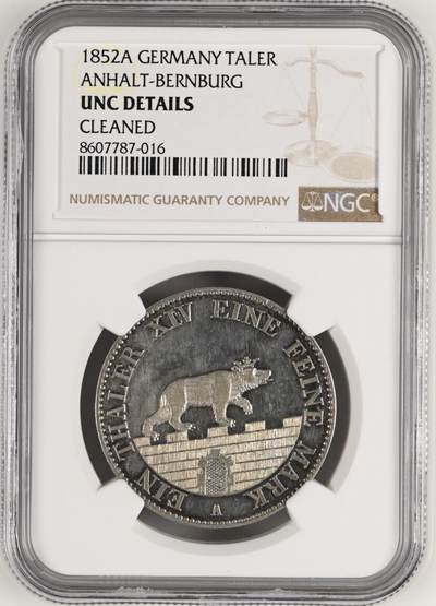 【德藏】世界币章拍卖第154期（拍品征集中~欢迎藏友联系） - 1852年 德国安哈特小熊爬墙泰勒银币 NGC UNC 高点不错 细节很好 比较可惜没有出分