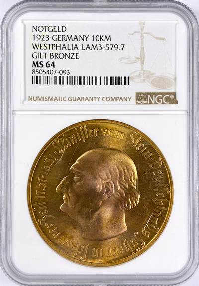 【雨安】【直播拍卖】【世界币章116期-评级币】2025-11-22 周六 19:30 保真 - [评级德国] Germany 德国 德紧 威斯特法伦 10000马克 1923年  NGC-MS64