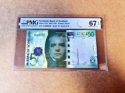 【Blue Auction】世界纸币精拍第754期——18级TOP拍卖/信誉/品质/专业/高效💫 -    【百位小号无47 获奖钞】苏格兰 2007年50镑 PMG67EPQ 高分