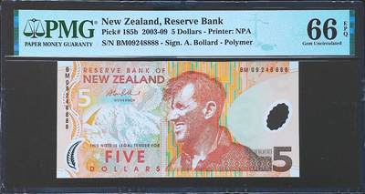 世界靓号纸钞第七十八期 - 2009年老版新西兰5元 狮子号8888 PMG66