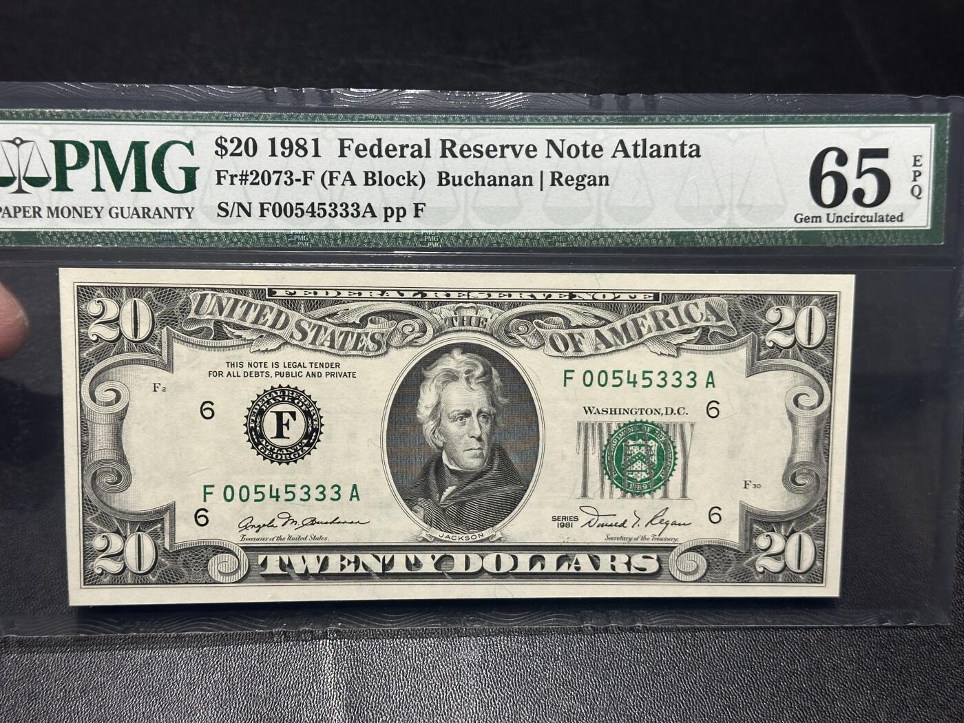 《外钞收藏家》第五百八十七期（精选场）（本平台长期征集拍品、欢迎藏友们联系合作） 1981年美国小头版20美元 PMG65 豹子号333