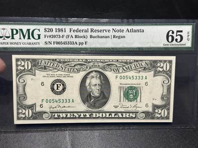 《外钞收藏家》第五百八十七期（精选场）（本平台长期征集拍品、欢迎藏友们联系合作） - 1981年美国小头版20美元 PMG65 豹子号333