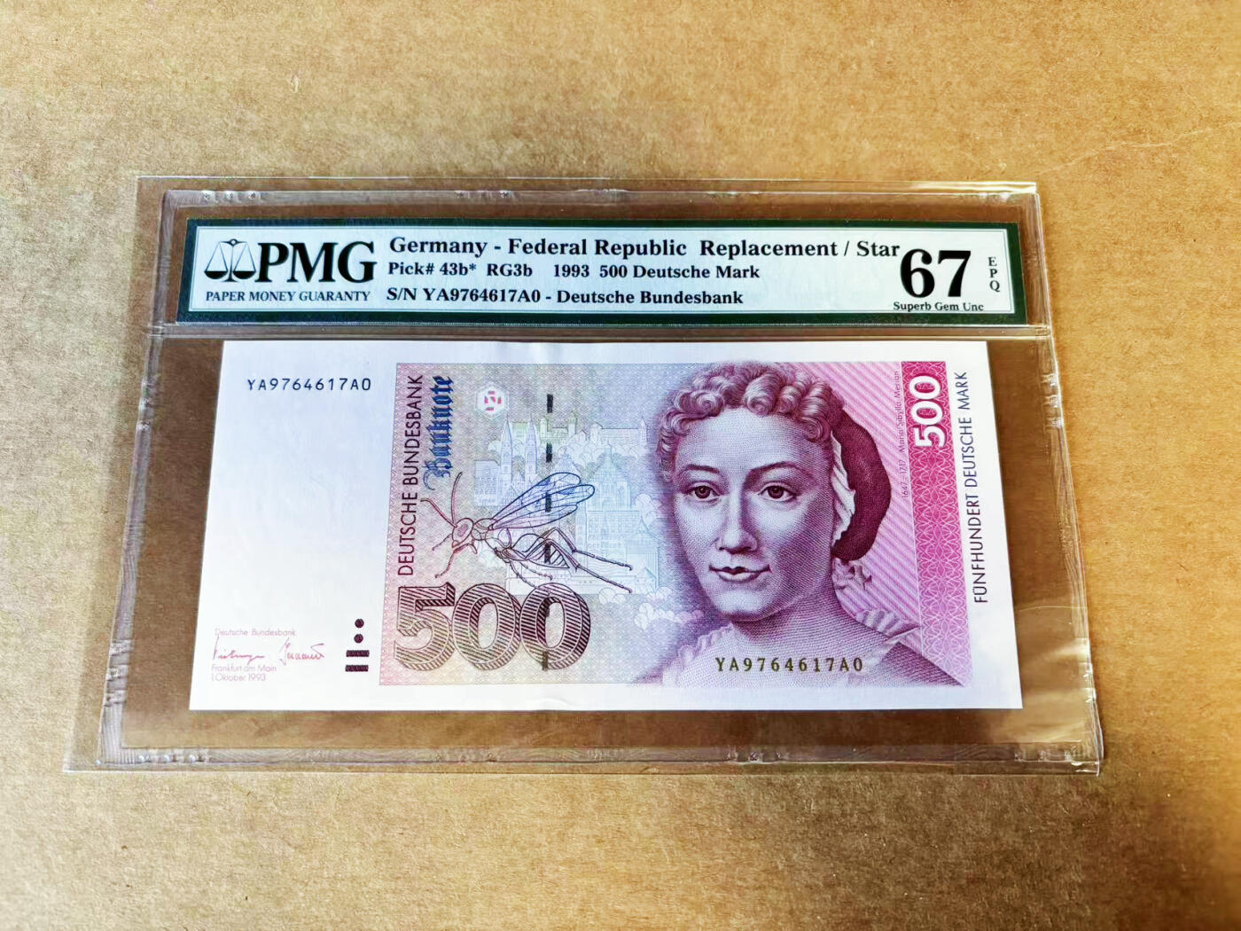 【Blue Auction】世界纸币精拍第754期——18级TOP拍卖/信誉/品质/专业/高效💫 【补号】德国 1993年500马克 昆虫学家梅里安PMG67EPQ 高分老壳