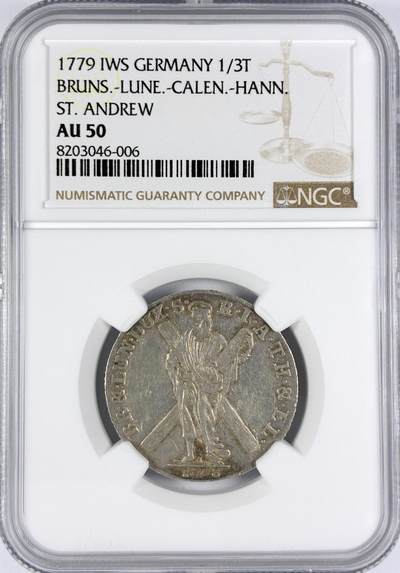 【雨安】【直播拍卖】【世界币章116期-评级币】2025-11-22 周六 19:30 保真 - [评级德国] Germany 德国 德意志 不伦瑞克-吕纳堡 1/3泰勒 1779年  NGC-AU50