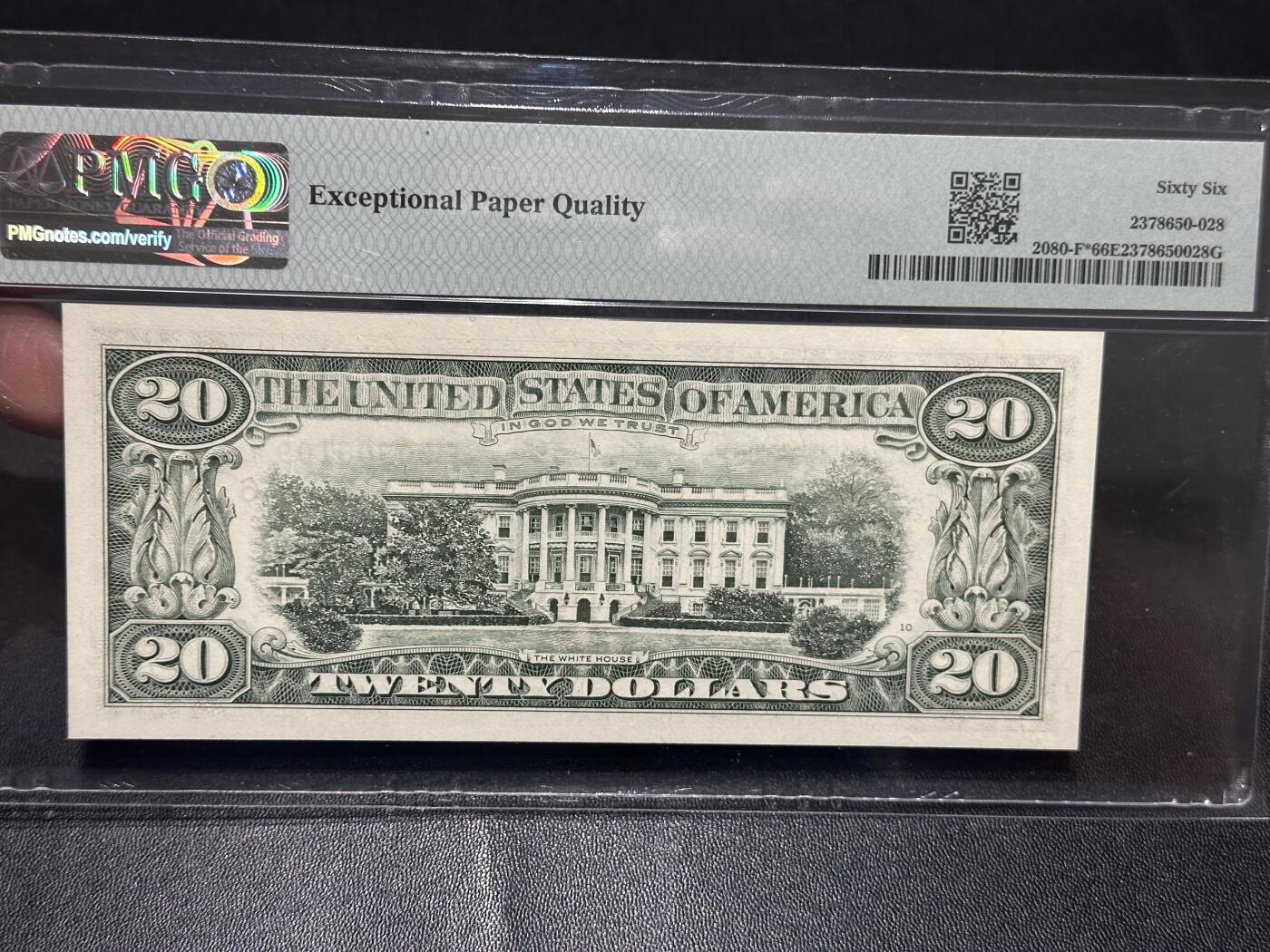 《外钞收藏家》第五百八十七期（精选场）（本平台长期征集拍品、欢迎藏友们联系合作） 1993年美国小头版20美元 PMG66 补号 倒置号