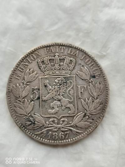 外国银币 1867年比利时5法郎大银币