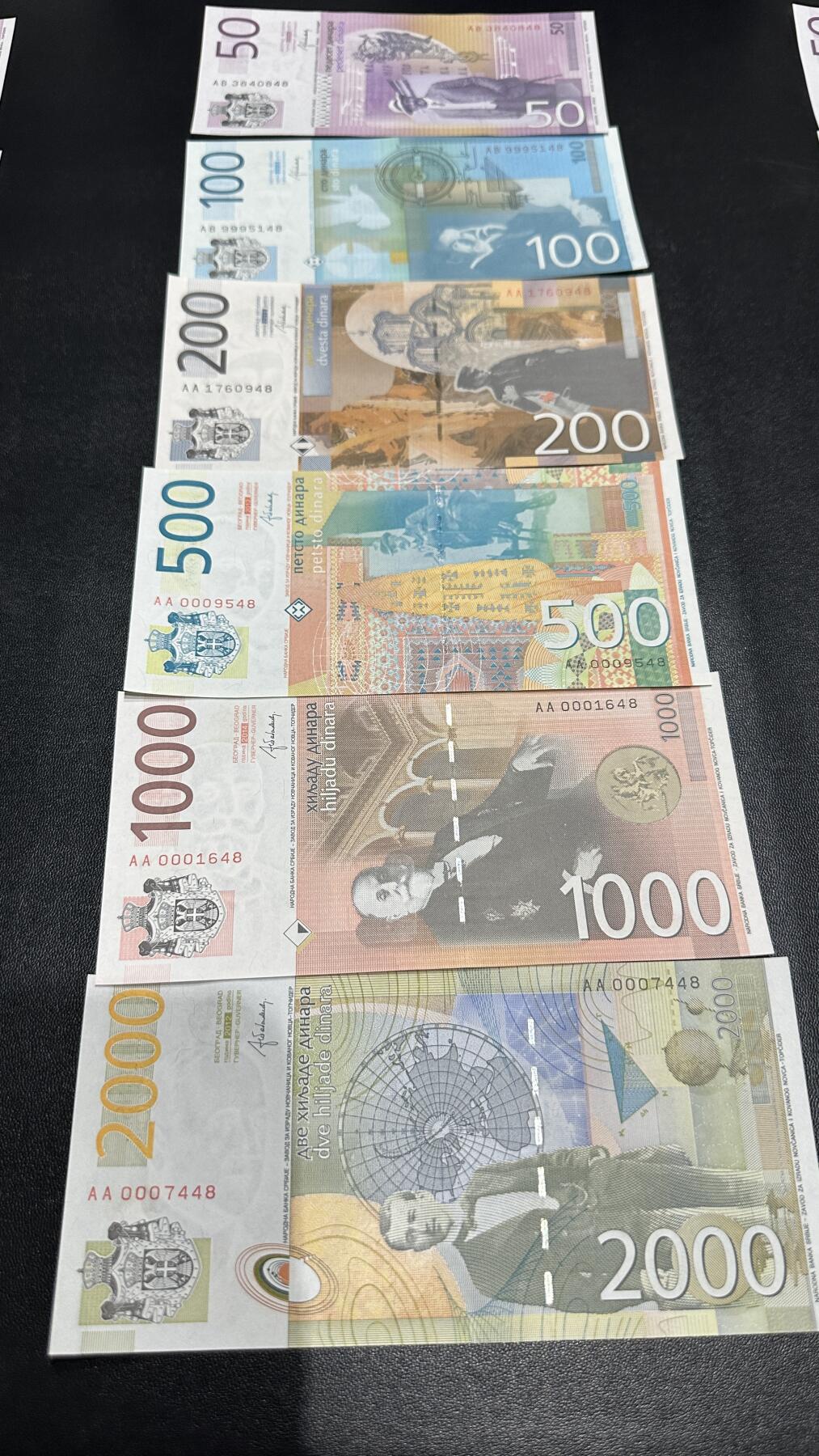 《外钞收藏家》第五百八十七期（精选场）（本平台长期征集拍品、欢迎藏友们联系合作） 2014年塞尔维亚50-2000第纳尔 六张一起 全新UNC 尾两同48 有4张是千位号 AA冠